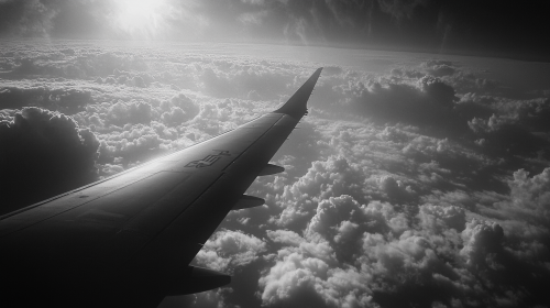 Dark US Fighter Jet Wing in Clouds