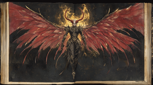 Dark armored angel with red and seraph wings flying.