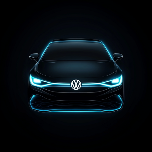 Dark background, flat Volkswagen logo, blue pulsating energy.