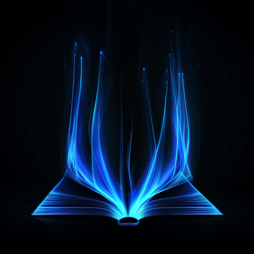 Dark background, flat vector book illuminated by blue energy.
