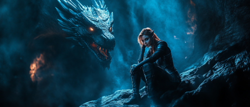 Dark elf in armor sitting in cave with dragon.