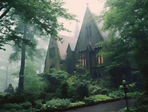 Dark fantasy town in ancient forest with Norse style