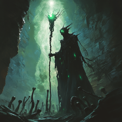 Dark figure Xanthel with chitinous skin, eerie staff, followers.