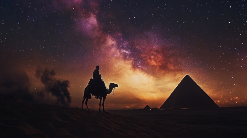 Dark galaxy night sky over Arabian desert with camel rider. Dark galaxy night sky over Arabian desert with camel rider.
