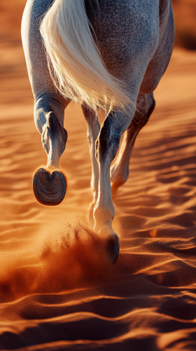 Dark gray horse with white mane running in desert.