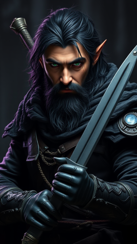 Dark-haired elf rogue in stealthy night pose. Dark-haired elf rogue in stealthy night pose.