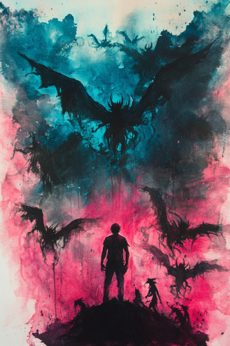 Dark silhouette surrounded by flying demons in colorful sky