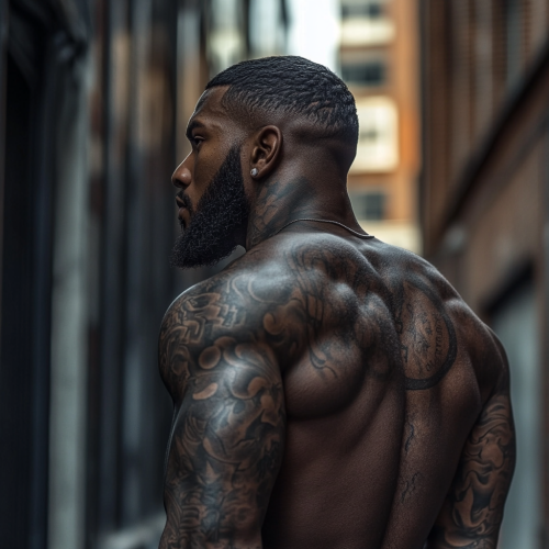 Dark skinned man with tattoos stands outside.