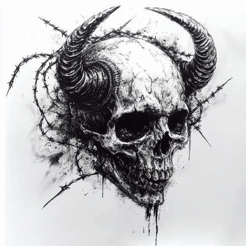 Dark skull with horns, barbed wire, grunge tattoo style.