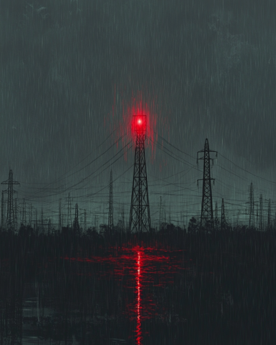 Dark transmission towers under red light in rain