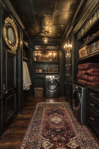 Dark wood, gold mirrors, leather, vintage sconces, washer, dryer.