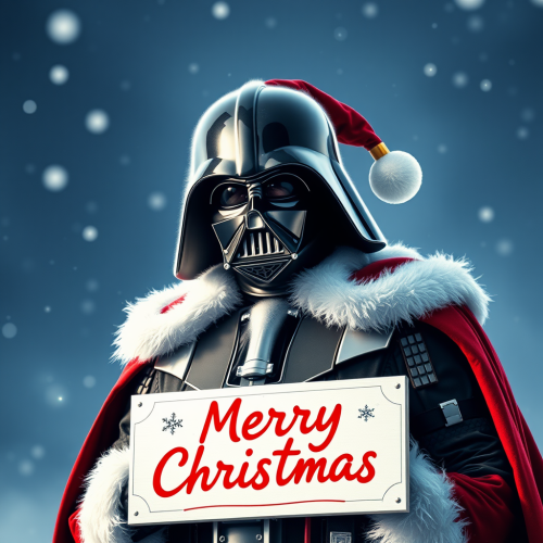 Darth Vader Dressed as Santa with Christmas Sign