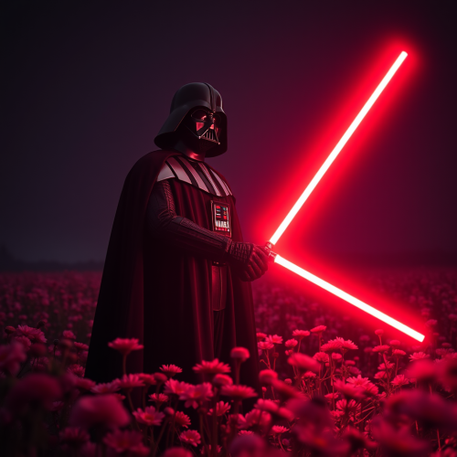 Darth Vader with lightsaber in flower field at night.