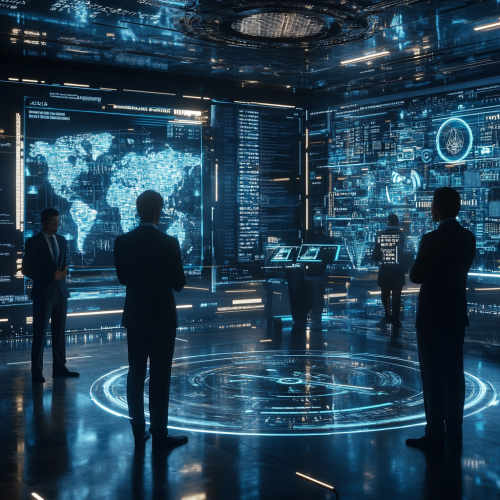 Data scientists in suits analyzing complex data on screens. Data scientists in suits analyzing complex data on screens.