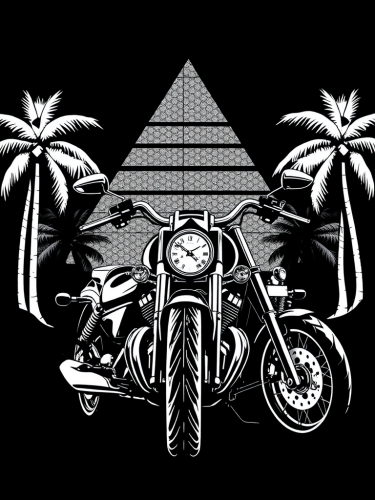 David Mann style drawing of Harley Davidson motorcycle.