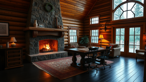 Daylight in Cabin's Great Room by Fireplace Desk