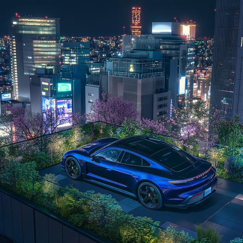 Dazzling blue Porsche Taycan Turbo S in Tokyo rooftop garden