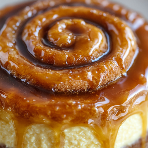 Decadent honeybun cheesecake with cinnamon roll swirls