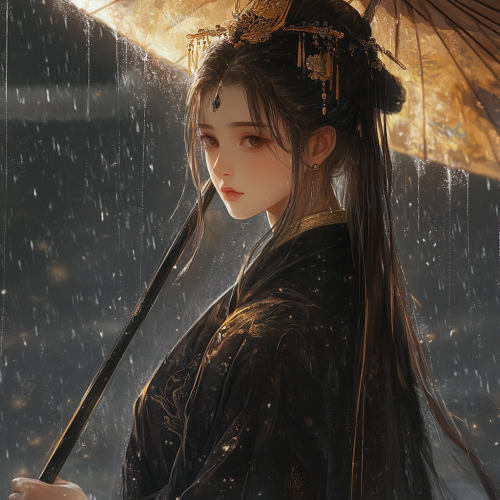 Delicate Chinese girl in Tang costume with umbrella.