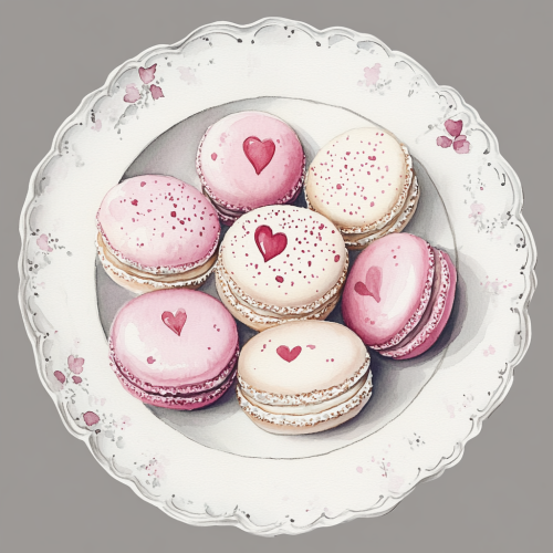Delicate pink and white macaroons on plate, heart-shaped decoration
