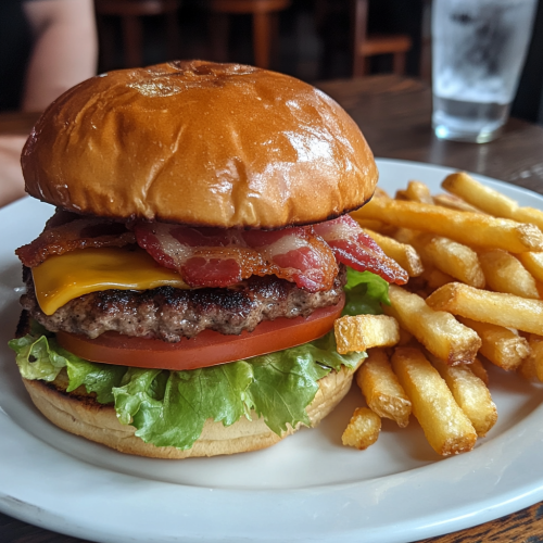 Delicious Bacon Cheeseburger with Fries