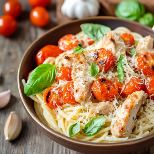Delicious Bruschetta Chicken Pasta Dish with Fresh Ingredients