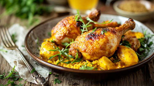 Delicious Chicken Curry Dish on Fanciful Wooden Table