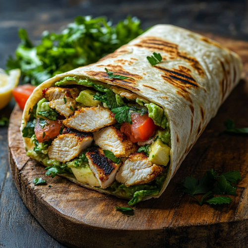 Delicious Chicken and Avocado Wrap on Wooden Board