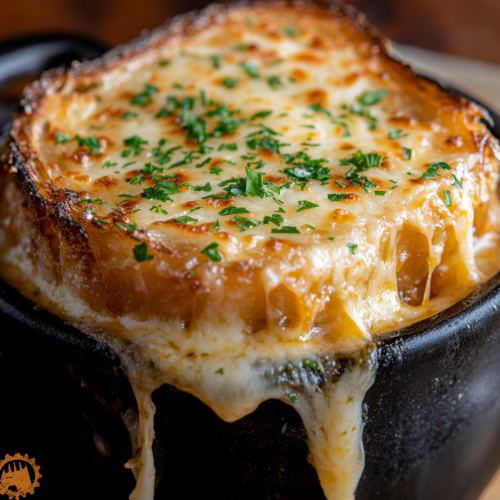 Delicious French onion soup with melted cheese