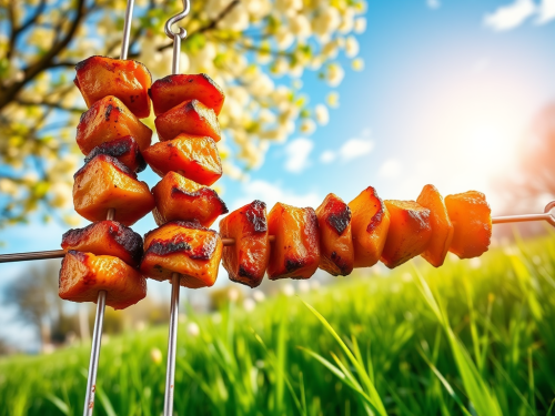 Delicious Kebabs on Skewers in Vibrant Spring Setting
