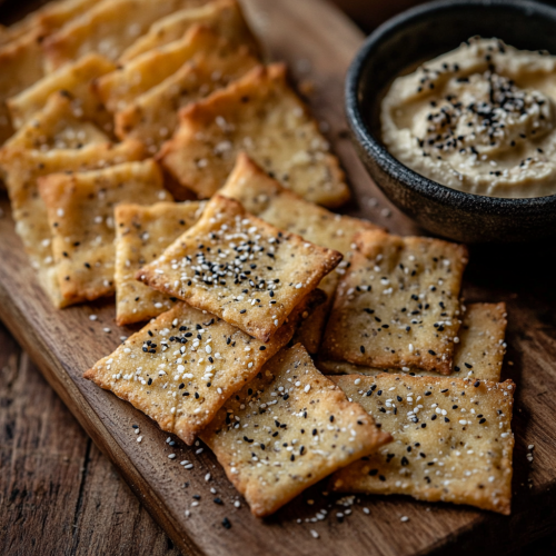 Delicious almond flour crackers on rustic wooden board