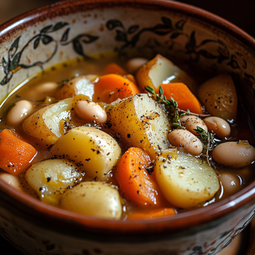 Delicious bean and vegetable soup in a floral bowl