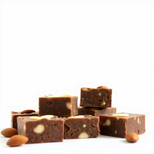 Delicious chocolate almond fudge on a white background.