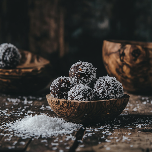 Delicious energy balls with dates, nuts, cacao and coconut
