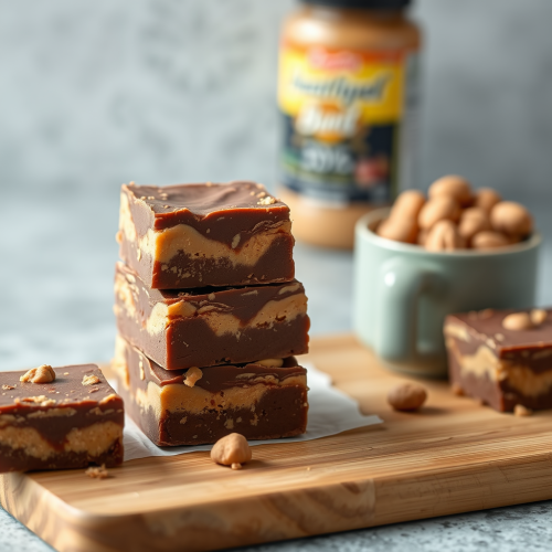 Delicious homemade peanut butter chocolate fudge displayed beautifully.