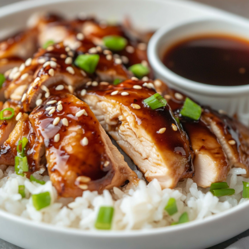 Delicious teriyaki chicken with rice and sauce garnish