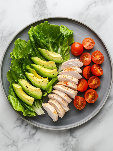 Delicious turkey plate on marble table with avocado.