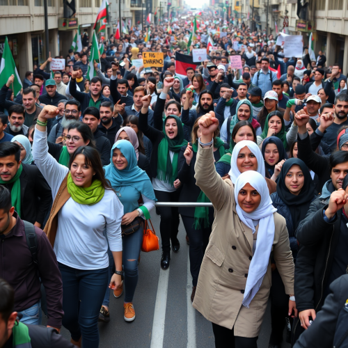 Dense Protest March in Tehran Street