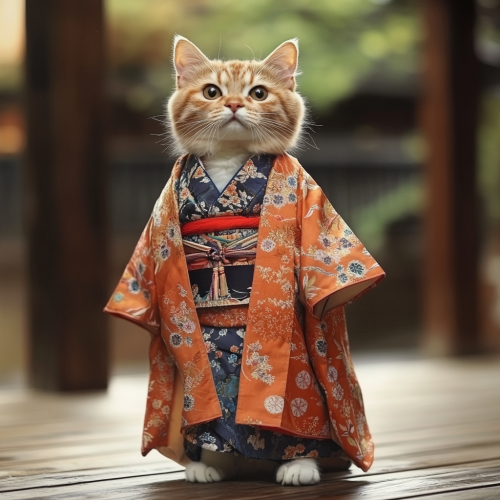 Desenhe gato persa com kimono japonês elegante.