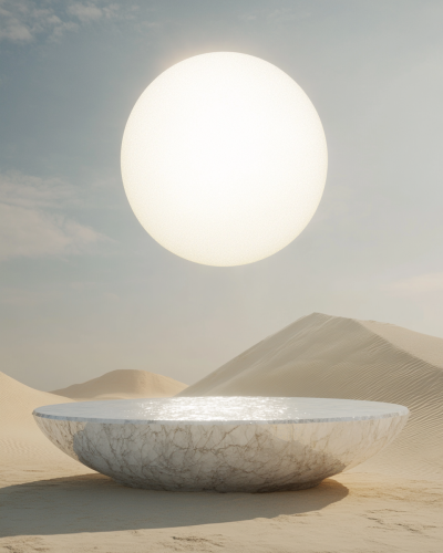 Desert dune with crystal oval platform, golden sky contrast.
