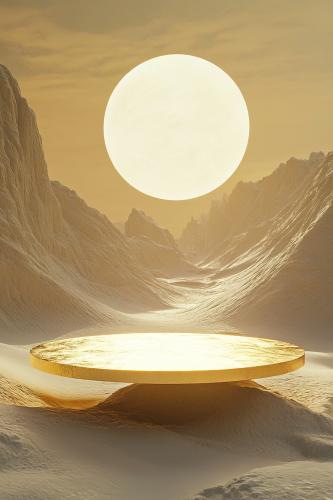 Desert dune with yellow crystal platform under cosmic sky. Desert dune with yellow crystal platform under cosmic sky.