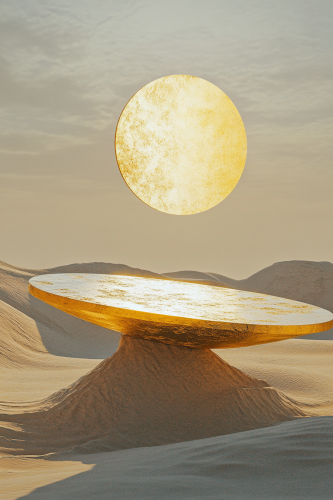 Desert landscape with golden oval platform under cosmic sky.