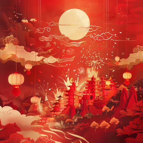 Design Zhang Festival poster with Chinese red color background, fireworks, ribbons. Design Zhang Festival poster with Chinese red color background, fireworks, ribbons.