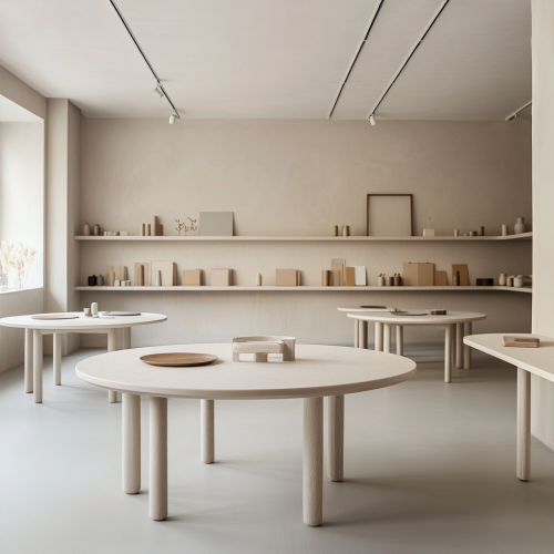 Designers convene at minimalist open studio with round tables.