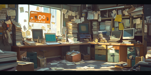 Desk with 404 error pages, quirky, cluttered office.