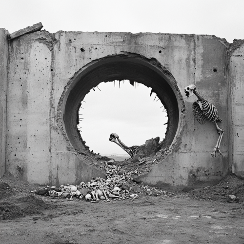 Destroyed buildings, dirt tunnel, animal bones, dodo skeleton, cinematic.