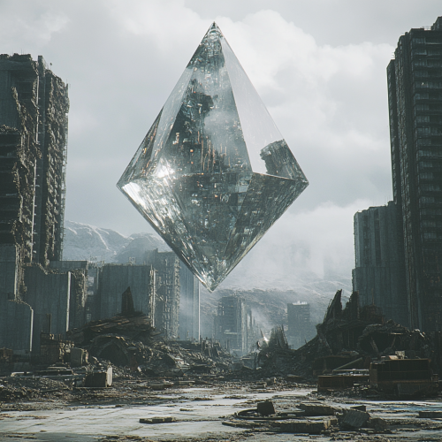 Destroyed city with floating crystal triangle, bright contrast.