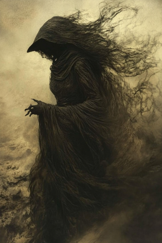 Detailed, realistic illustration of scary female witch in dynamic pose.