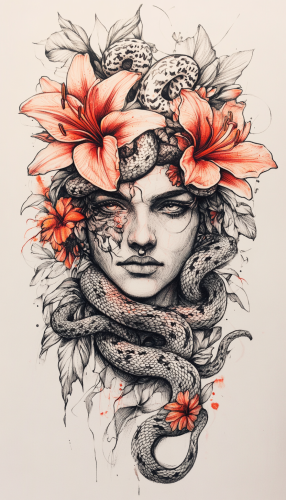 Detailed Sicilian Figure Tattoo with Flowers and Snakes