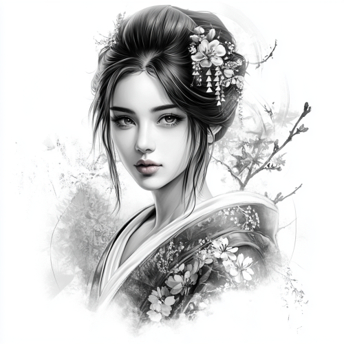Detailed black and grey geisha tattoo with serene expression